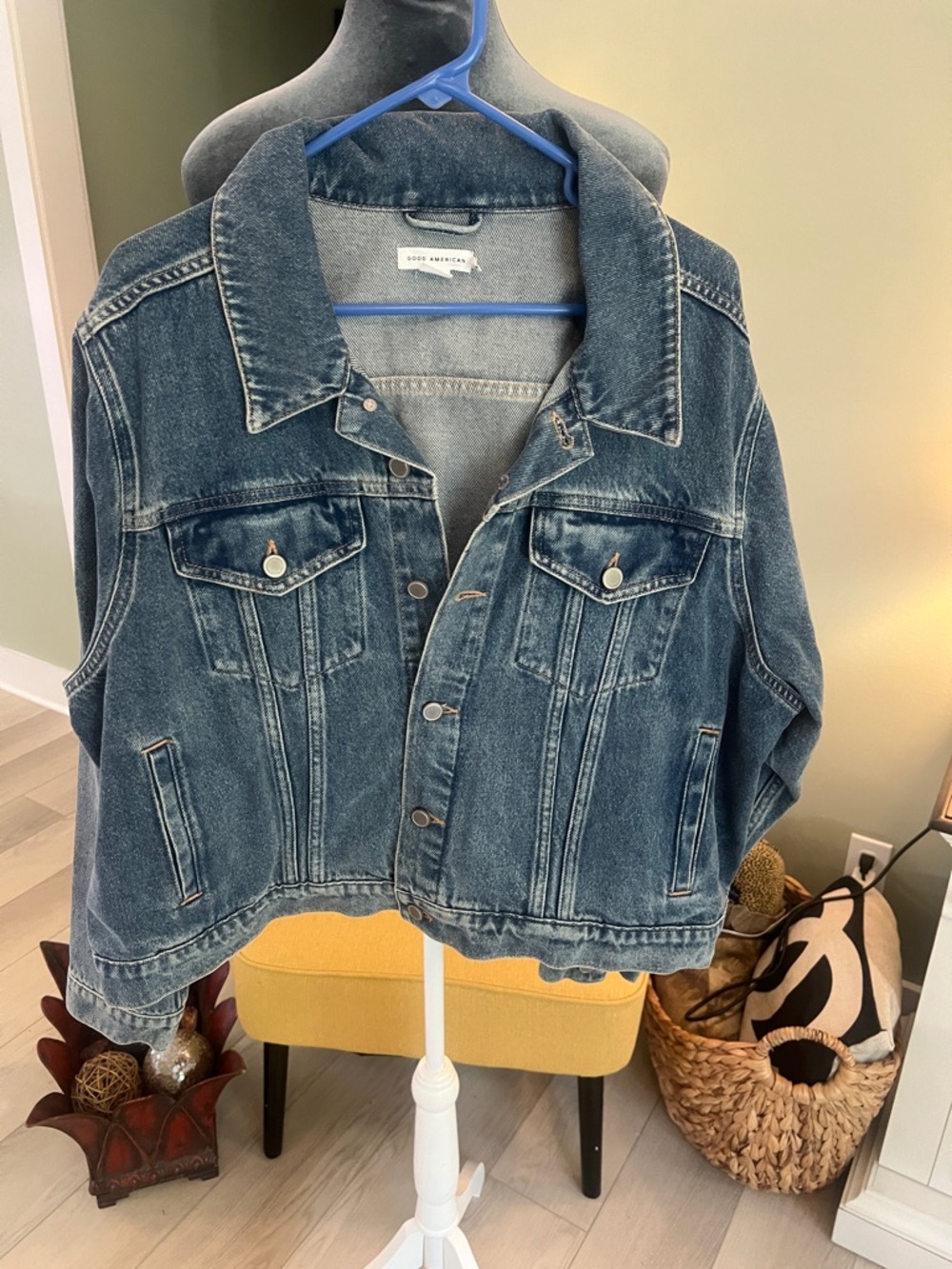 Good American Distressed Blue Denim Trucker Jacket